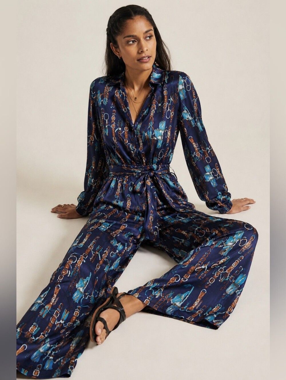 FASHION NOVA The ENTERTAINER One Piece Jumpsuit Navy W/Tassel/Belt/Chain Print